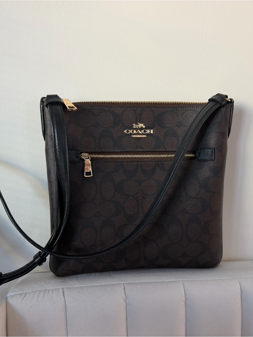 Coach Dark Brown Signature Crossbody with Gold Accent Hardware